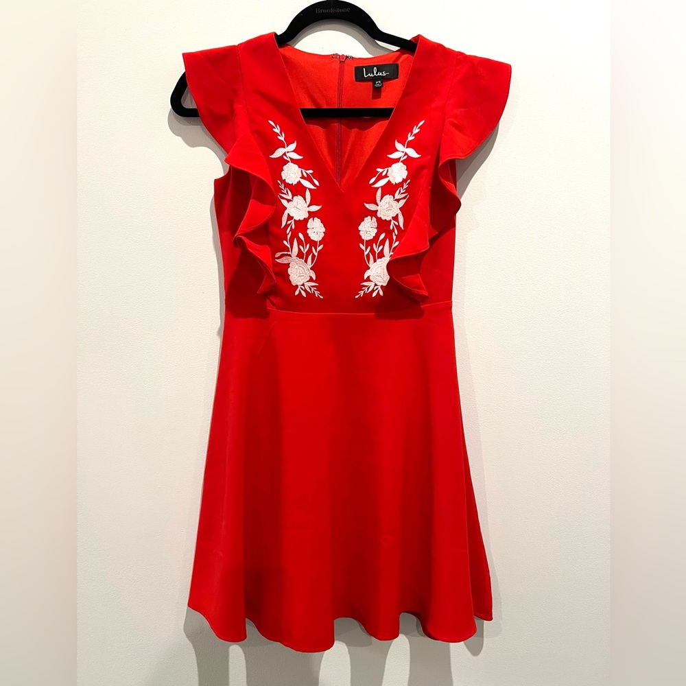 Lulu's Scarlet Dress with White Floral Detail